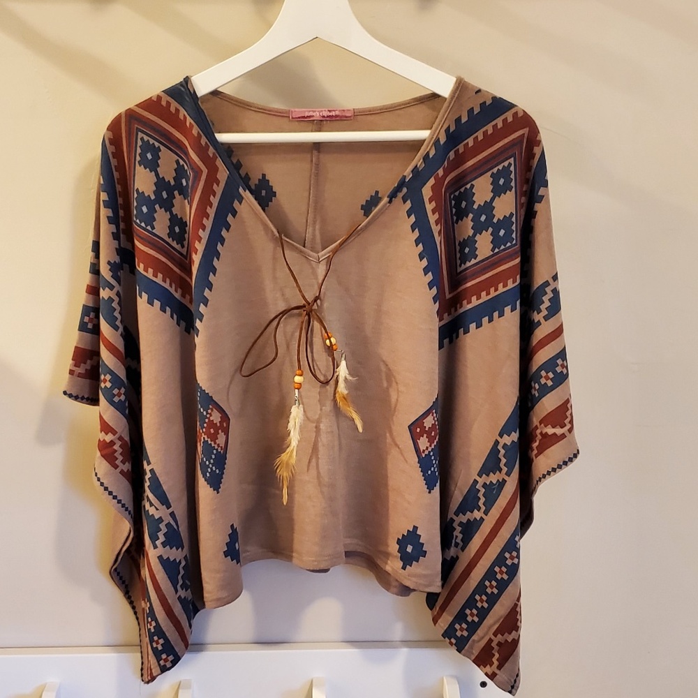 Julie's Closet Tribal Print Boxy Cropped Top, Size L,  Tan/Multi